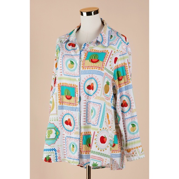 Sz 1X Jane + Delancey Vibrant Mixed Fruit Linen Button Down Blouse EUC - Picture 1 of 5